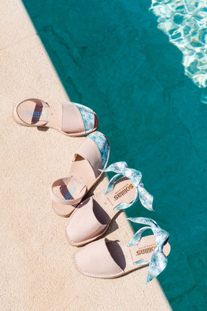 IBIZA ISABEL - Original Menorcan Sandals in Pink Leather with Boho Print Bow