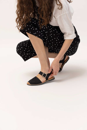 NOCHE PESCA - Black Nubuck Leather Ankle Strap Sandals