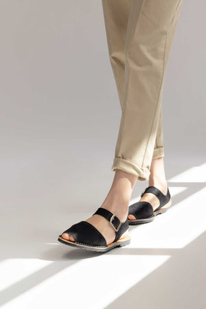 NOCHE PESCA - Black Nubuck Leather Ankle Strap Sandals