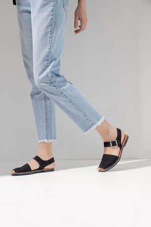 NOCHE PESCA - Black Nubuck Leather Ankle Strap Sandals