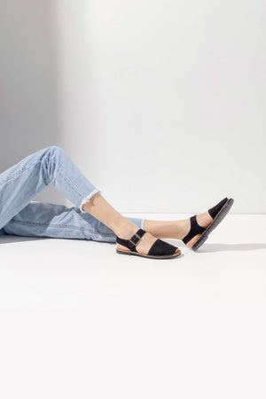 NOCHE PESCA - Black Nubuck Leather Ankle Strap Sandals