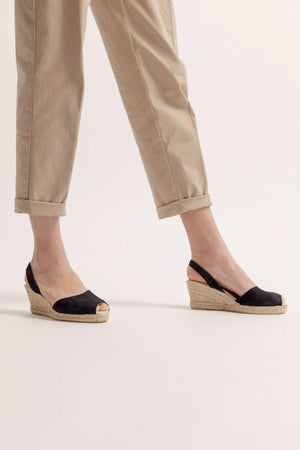 NOCHE LALIA - Espadrille Wedge Black Leather Menorcan Sandals