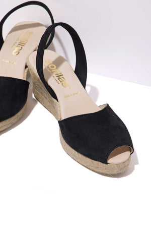 NOCHE LALIA - Espadrille Wedge Black Leather Menorcan Sandals