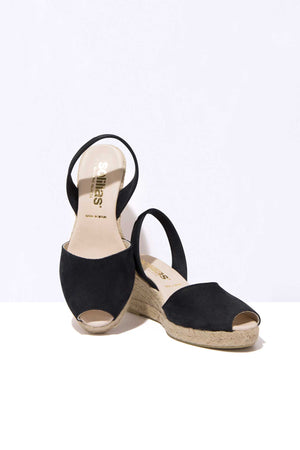 NOCHE LALIA - Espadrille Wedge Black Leather Menorcan Sandals