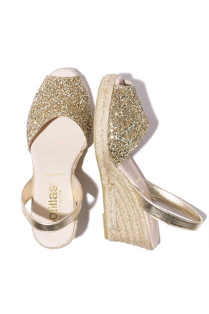 GOLD GLITTER LALIA - Espadrille Wedge Leather Menorcan Sandals
