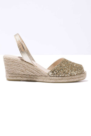 GOLD GLITTER LALIA - Espadrille Wedge Leather Menorcan Sandals