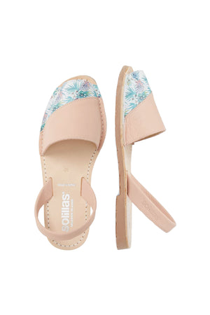 LARA - Original Menorcan Sandals in Pink Leather with Boho Print Detail