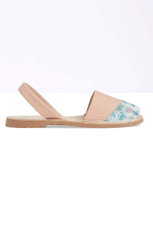 LARA - Original Menorcan Sandals in Pink Leather with Boho Print Detail