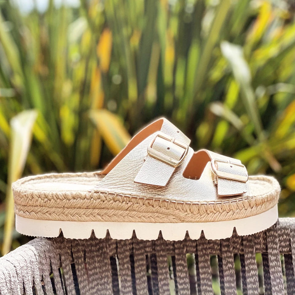 PLATINO NEVA - Gold Leather Buckle Flatform Espadrille