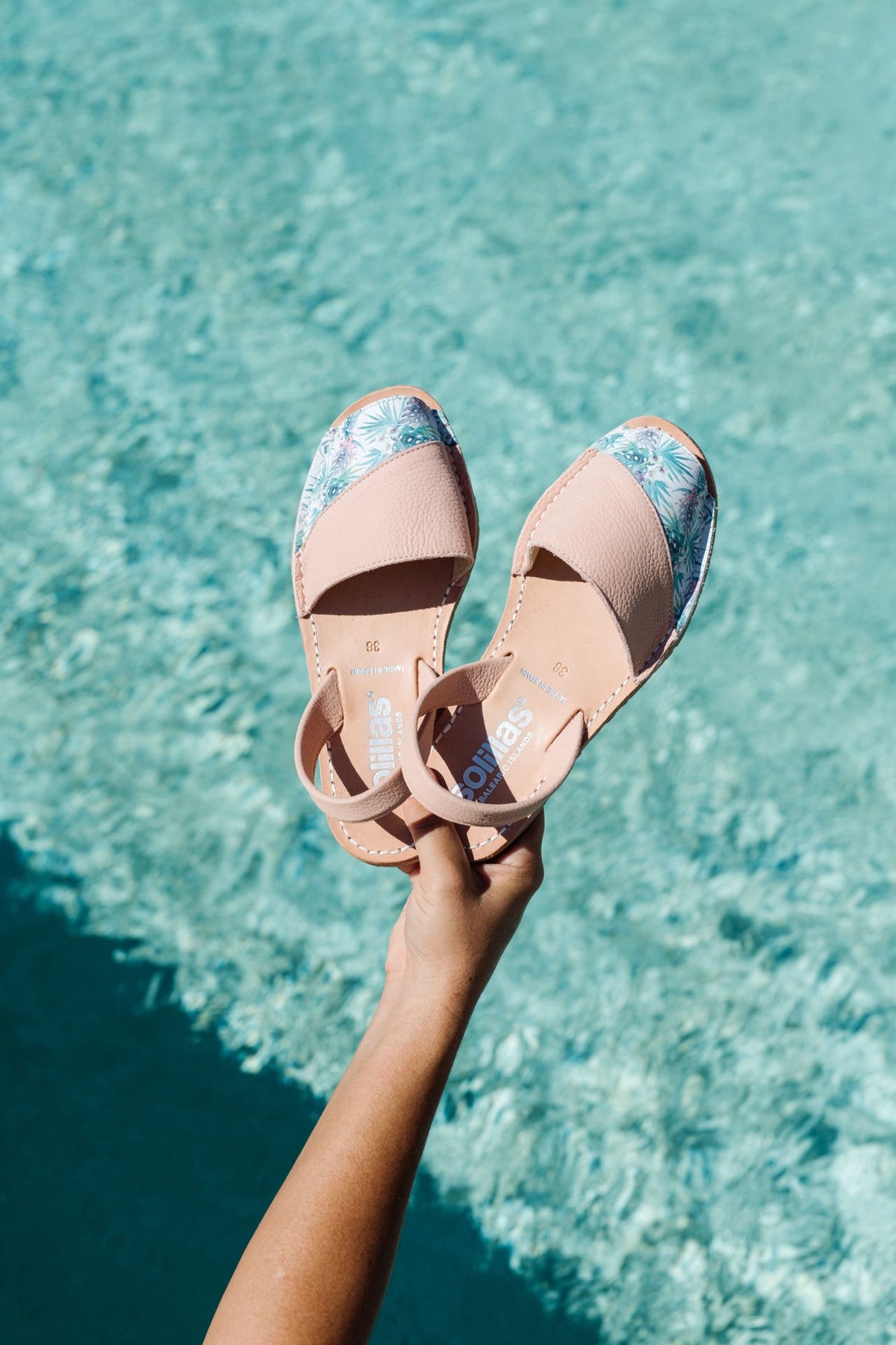 LARA - Original Menorcan Sandals in Pink Leather with Boho Print Detail