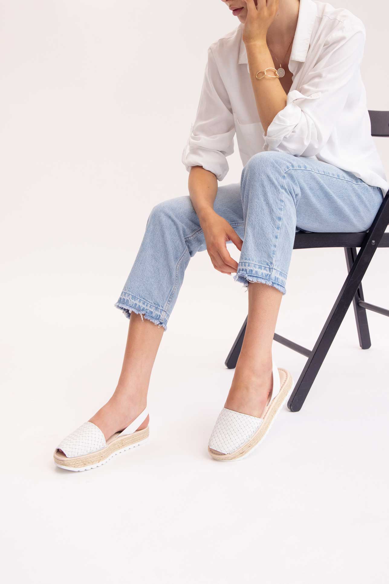 BLANCO CARME - Espadrille Flatform White Woven Leather Menorcan Sandals